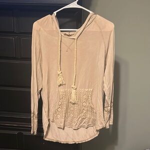 Boutique long sleeve , T-shirt material with hood , size small.